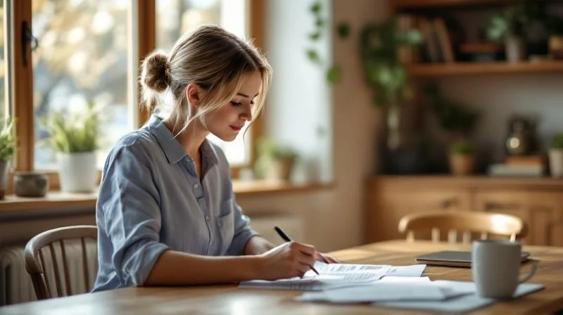 Frau liest Unterlagen zum Thema Foerderung am Kuehlentisch in Bamberg