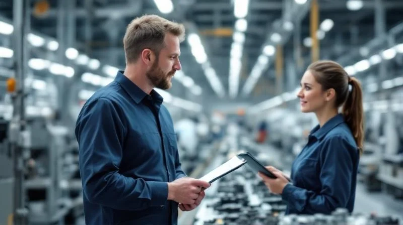 Ausbilder bei einem Bamberger Automotive-Zulieferer unterweist Auszubildende an einer Montagestation