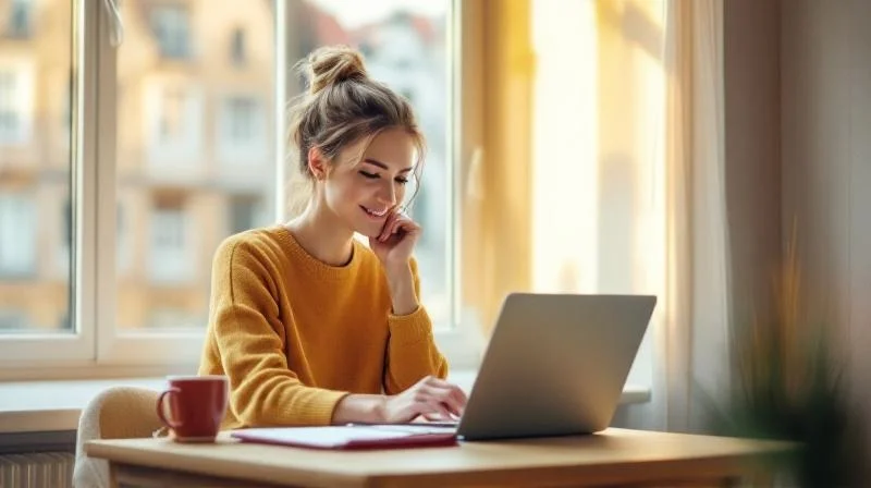 Frau sitzt in einem hellen Raum in Bamberg und recherchiert am Laptop zu Foerdermoeglichkeiten
