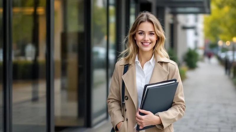 Junge Frau mit Unterlagen in der Hand vor einem modernen Gebaeude in Bamberg