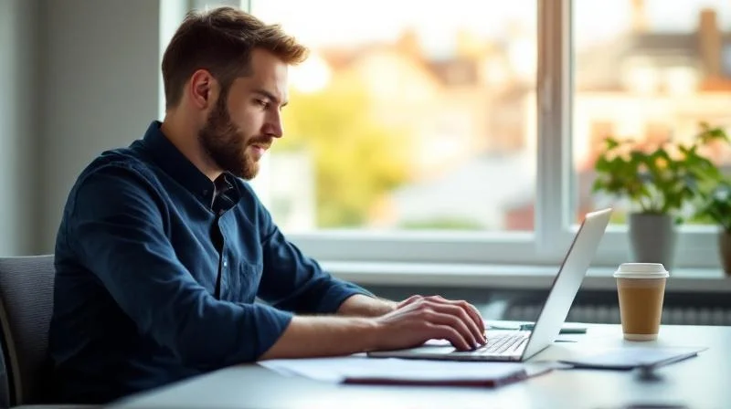 Mann mit Laptop und Notizbuch arbeitet konzentriert am Schreibtisch in einem hellen Buero in Bamberg