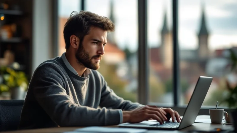 Bamberger Angestellter im Büro nahe der Altstadt mit Laptop, im Hintergrund historische Dachlandschaft