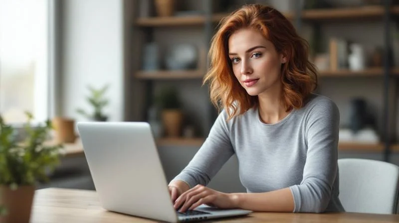 Frau lernt am Laptop in einem modernen Buero in Bamberg