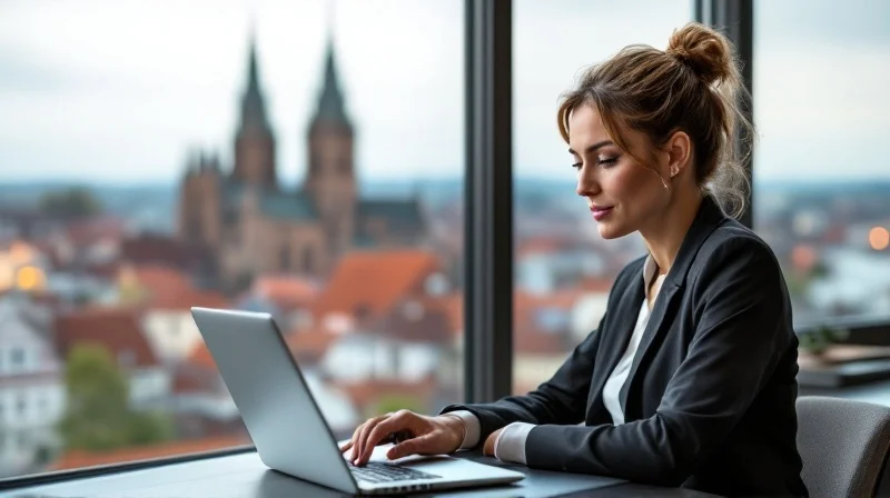Geschäftsführerin im Bamberger Büro mit Blick auf die Altstadt-Dächer und die Regnitz