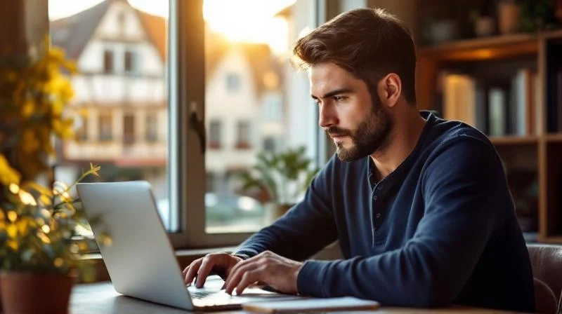 Mann am Schreibtisch in Bamberg recherchiert am Laptop neue Berufswege
