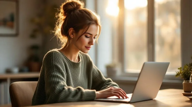 Frau lernt am Laptop in einem hellen Raum mit Blick auf Bamberger Altstadt